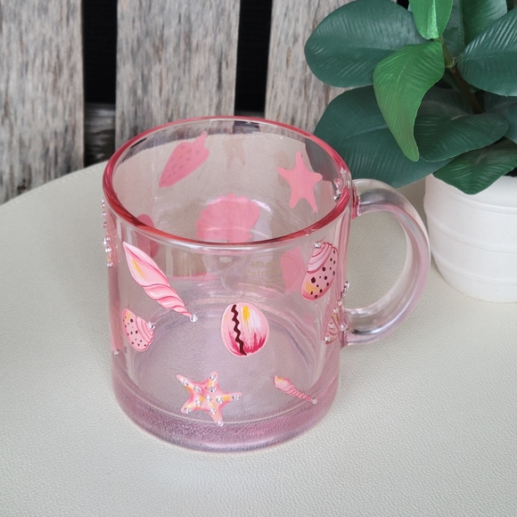 Other - Seashells & Rhinestones Handpainted Pink Transparent Glass Mug